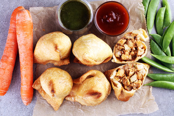 Indian special traditional street food punjabi samosa or Coxinha, Croquete and other Fried Brazilian Snacks