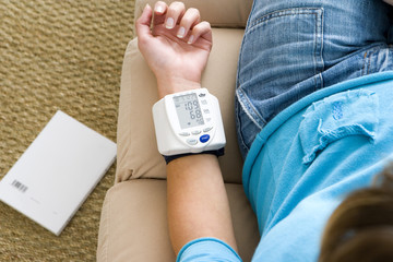 Model Portable blood pressure monitor indicating the blood pressure and the heartbeat