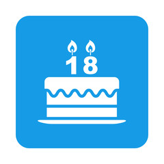 Icono plano tarta 18 cumpleaños en cuadrado azul