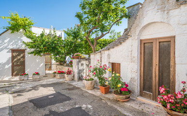Scenic sight in Alberobello, the famous Trulli village in Apulia, southern Italy.