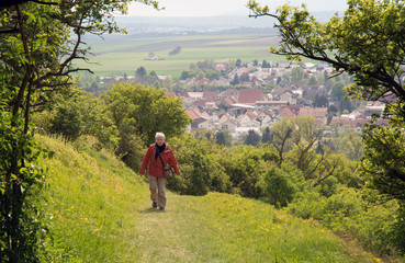 eine frau wandert auf einem naturweg zum petersberg bei gau-odernheim