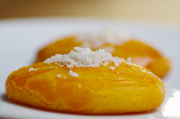 Close up of a delicious turkish dessert sekerpare with coconut powder