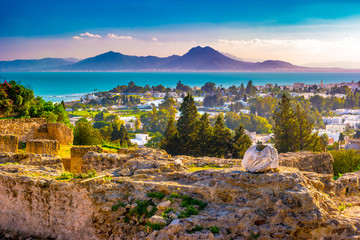 Obraz premium Widok ze wzgórza Byrsa ze starożytnymi pozostałościami Kartaginy i krajobrazu. Tunis, Tunezja.