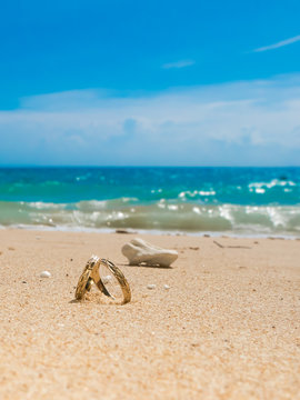 Honeymoon on tropical island, two wedding rings on the beach, vertical