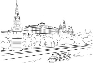 Big Palace of Moscow Kremlin with Moscow river. Vector illustration
