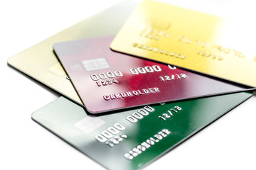 credit cards for business payments on white office desk background close up