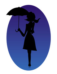 Black silhouette of a girl under umbrella in the rain