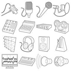 Recording studio symbols icons set, outline style