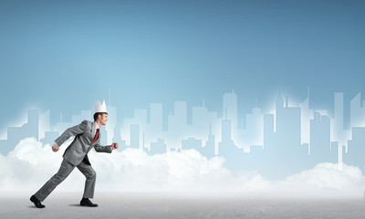 Fototapeta premium King businessman in elegant suit running and blue cityscape silhouette at background