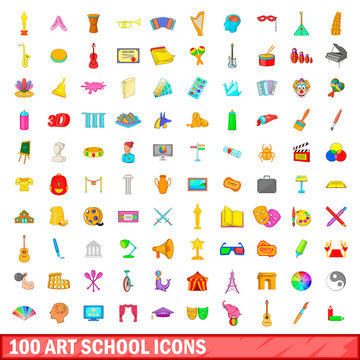100 art school icons set, cartoon style