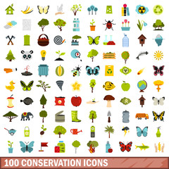 100 conservation icons set, flat style