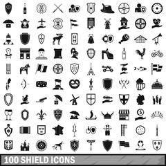 100 shield icons set, simple style 