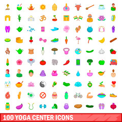 100 yoga center icons set, cartoon style