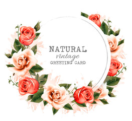 Natural vintage greeting card with colorful flowers. Vector.