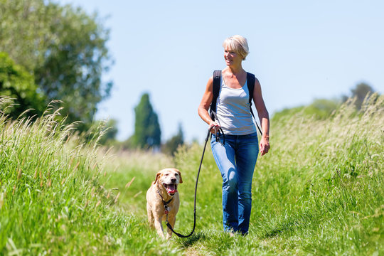 Mature Woman Hiking With Dog In The Landscape