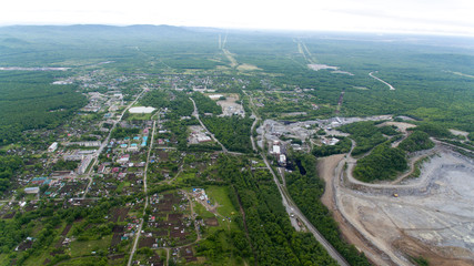 Stone quarry. Aerial view over the building materials processing factory. View from above.