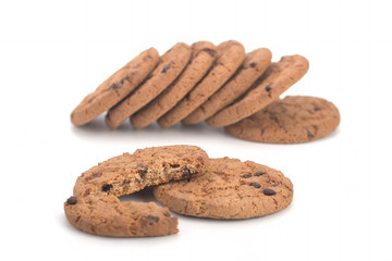 Oatmeal cookies with chocolate on a white background