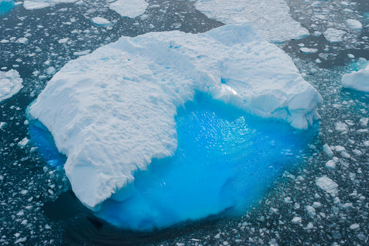 Ice floe on a sunny day in Antarctica from above