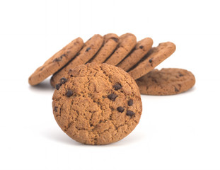 Oatmeal cookies with chocolate on a white background
