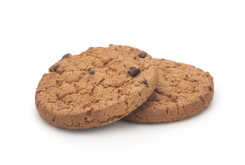 Oatmeal cookies with chocolate on a white background