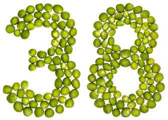 Arabic numeral 38, thirty eight, from green peas, isolated on white background