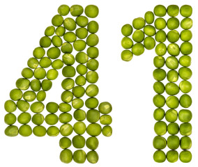 Arabic numeral 41, forty one, from green peas, isolated on white background