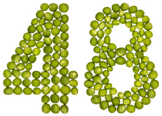 Arabic numeral 48, forty eight, from green peas, isolated on white background