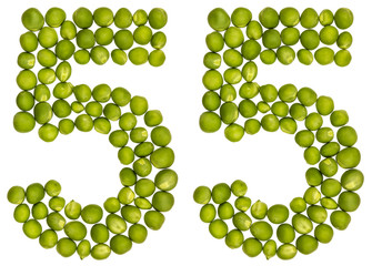 Arabic numeral 55, fifty five, from green peas, isolated on white background