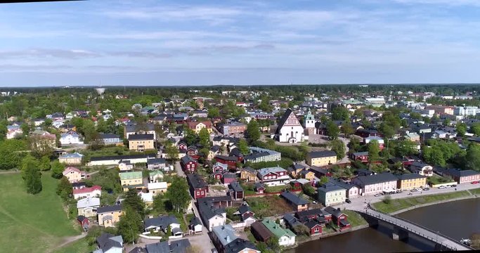 Porvoo, Cinema 4k aerial view of a flight away from the church and old town Borg&aring;, Uusimaa, Finland