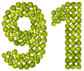Arabic numeral 91, ninety one, from green peas, isolated on white background
