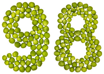 Arabic numeral 98, ninety eight, from green peas, isolated on white background