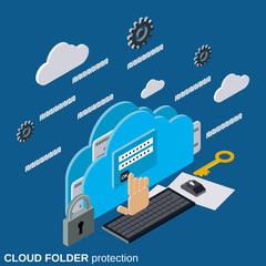 Cloud folder protection, information security flat 3d isometric vector concept