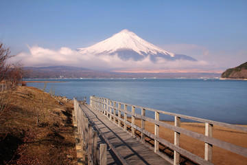 Beautiful scenery of Mountain Fuji on the lake Yamanakako in japan. This is a very popular for photographers and tourists. Travel and Attraction Concept