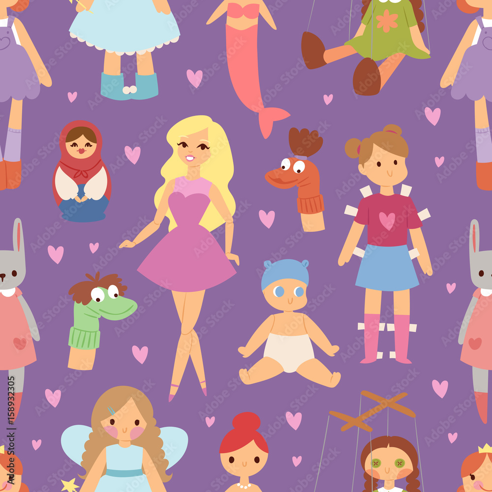 Wall mural Different dolls like people fashion clothes character seamless pattern background vector illustration