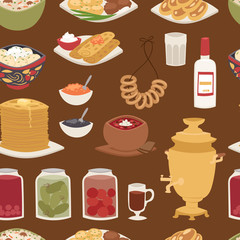 Traditional Russian cuisine culture dish course food seamless pattern background vector illustration
