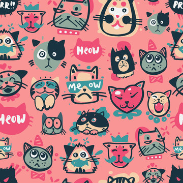 Cute Hipster Cat Faces Kitty Pet Head Avatar Emotion Icons Seamless Pattern Background Vector Illustration