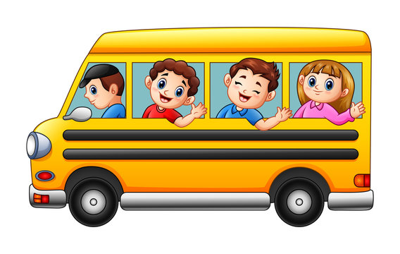 Cartoon kids going to school by school bus