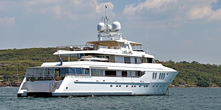 A 90-ton plus, luxury cruising motor Superyacht at anchor in Sydney's North Harbour.