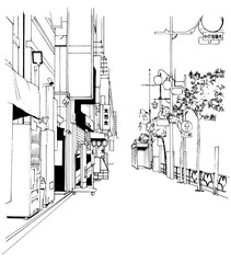 Obraz premium Cartoon styl pióra rysunek ilustracja pejzaż miejski