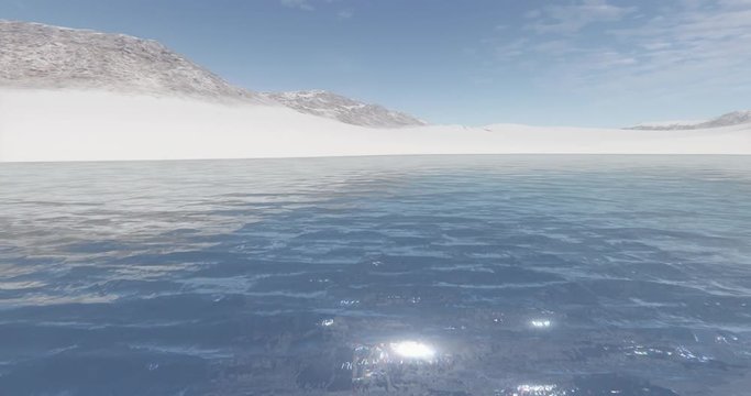 4k clouds mass rolling over clam lake surface & snow mountain,lake like mirror.