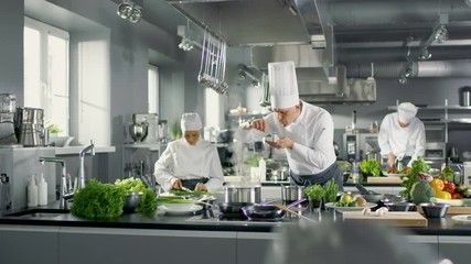 Famous Chef Works in a Big Restaurant Kitchen with His Help. Kitchen is Full of Food, Vegetables and Boiling Dishes. Shot on RED EPIC-W 8K Helium Cinema Camera. - Powered by Adobe