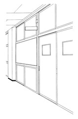 漫画風ペン画イラスト　廊下