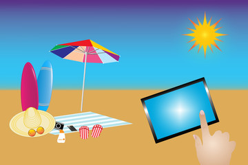 Beach umbrella, towel, boots, straw hat, glasses and surfboards are located on the beach. The hand touching the empty tablet screen is on the right of the vector. 
