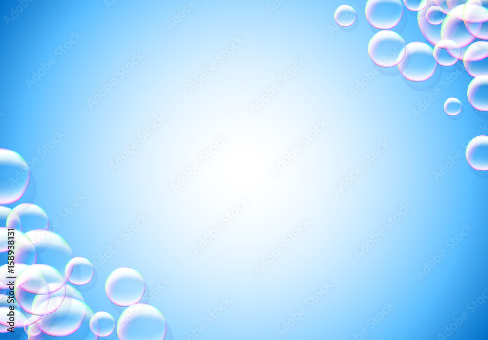 Sticker Soap bubbles abstract blue background with rainbow colored airy foam