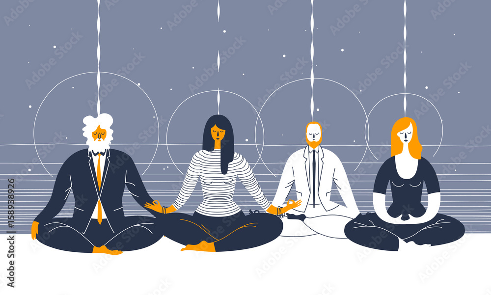 Wall mural several office workers in smart clothing sit in yoga position and meditate against abstract blue bac