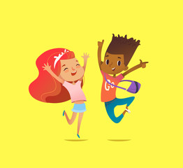 Excited boy and girl of different races laugh, rejoice and jump with raised hands against yellow background. Delighted children concept. Vector illustration for website banner, poster, postcard.