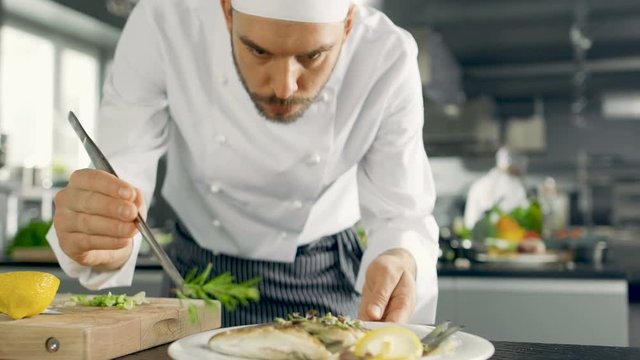 Famous Chef Decorates His Special Fish Dish with Some Greens