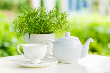 Cup of tea and teapot on a blurred background of nature