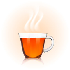 Glass cup of black tea on orange background