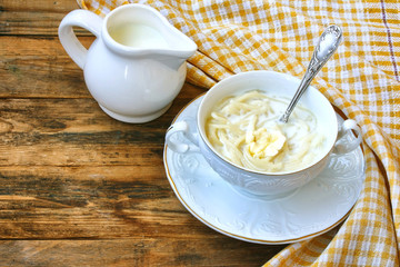 Sweet milk noodles in white bowl